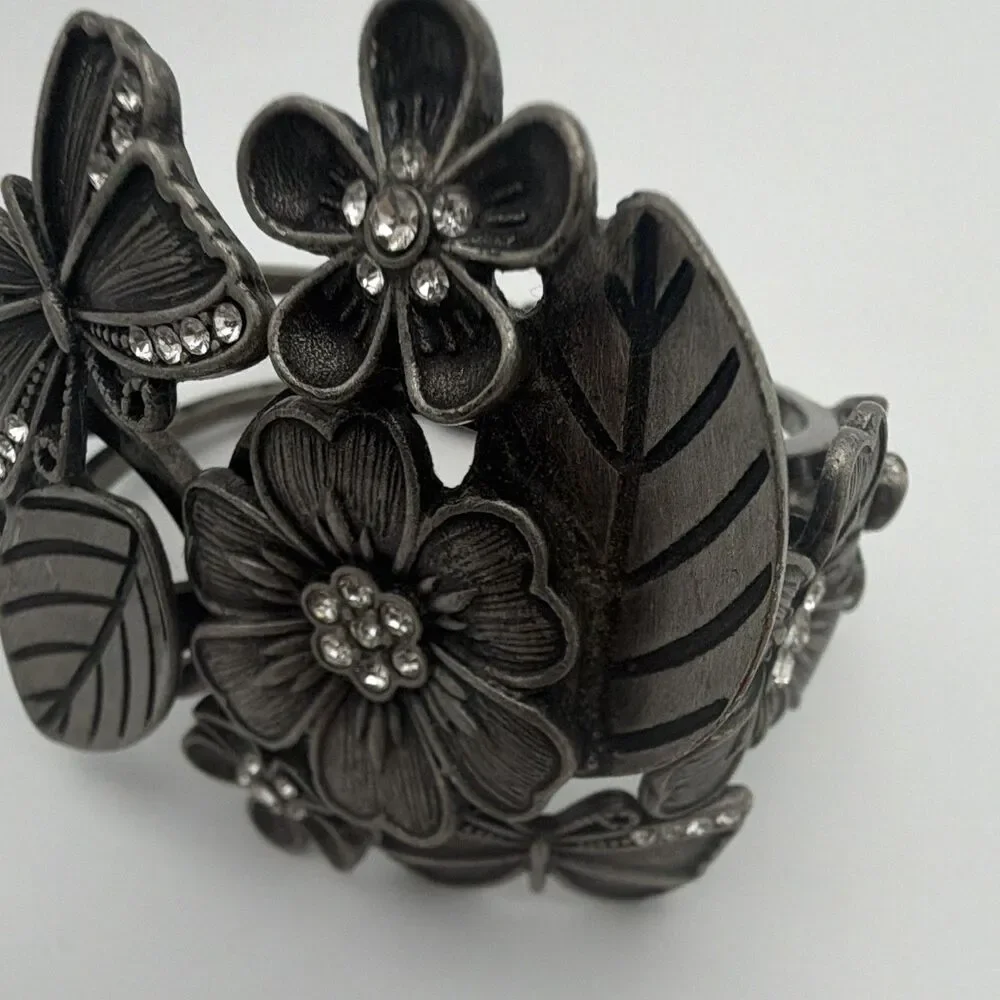 Black Tone Floral Butterfly Leaf Hinged Cuff Bracelet Clear Rhinestones